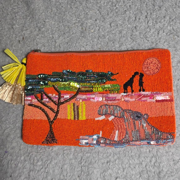 Zara Handbags - Zara Clutch Orange Beaded Sequin Safari Hippo Giraffe Lion King Vibes Bag Purse